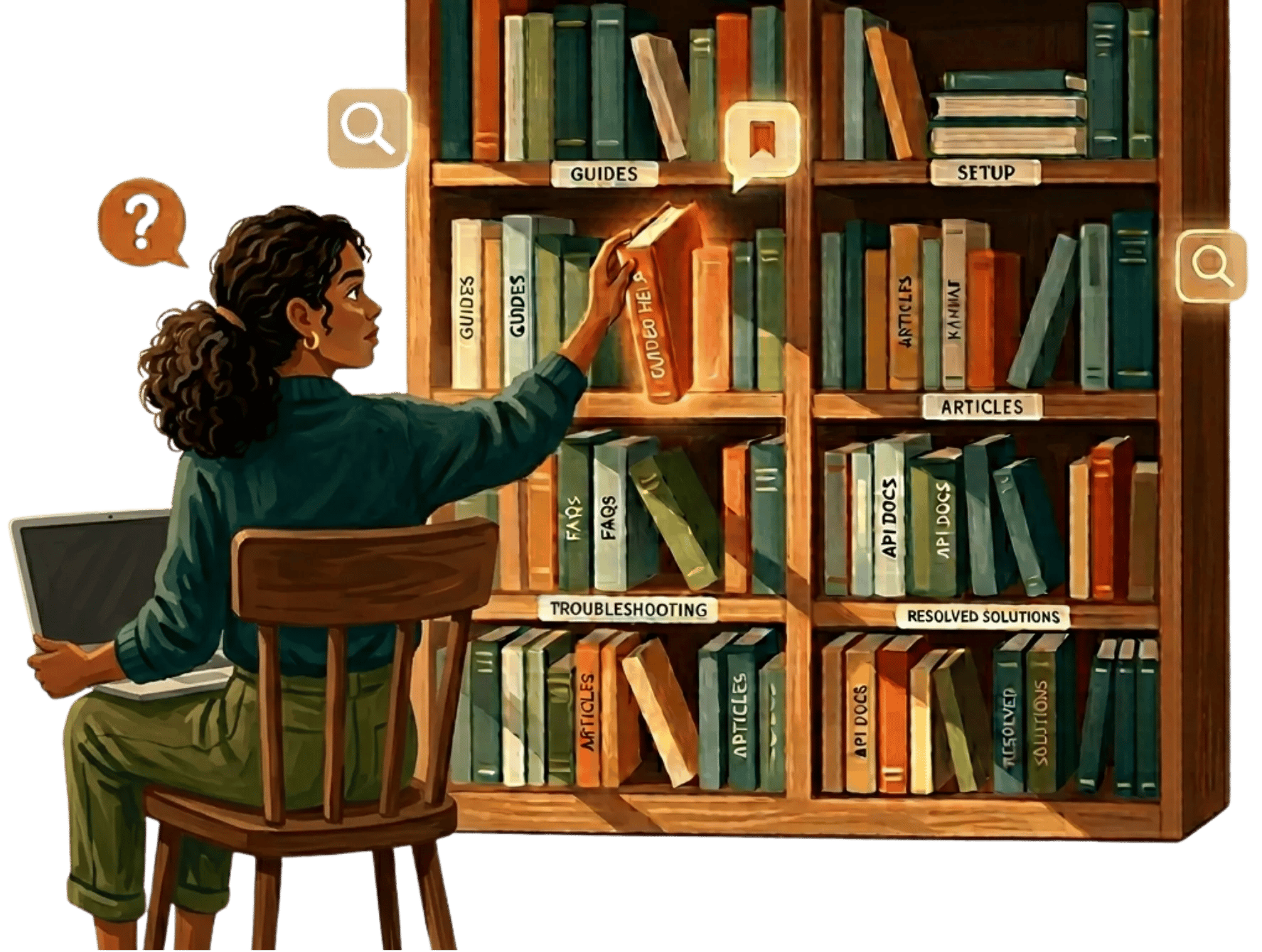 Illustration of a woman browsing a bookshelf