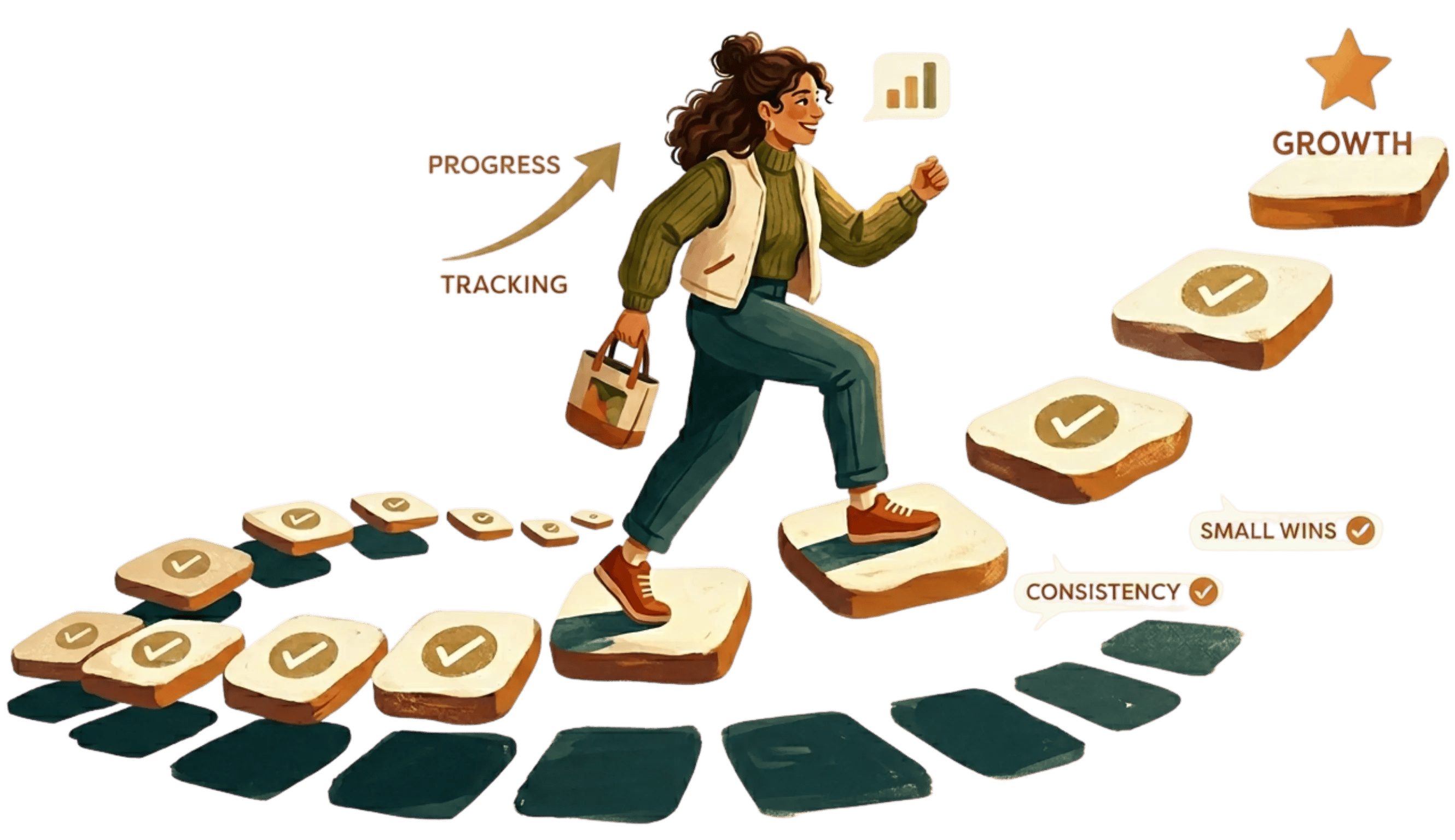 Woman stepping through career milestones with progress tracking