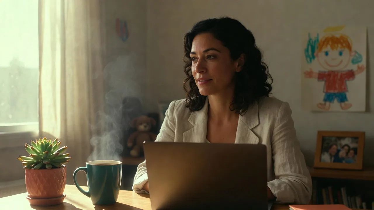 Mom working on laptop at home